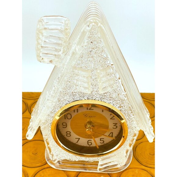 Vintage 60s clock, spun spaghetti clear lucite, working desk clock, home shaped - Picture 7 of 10